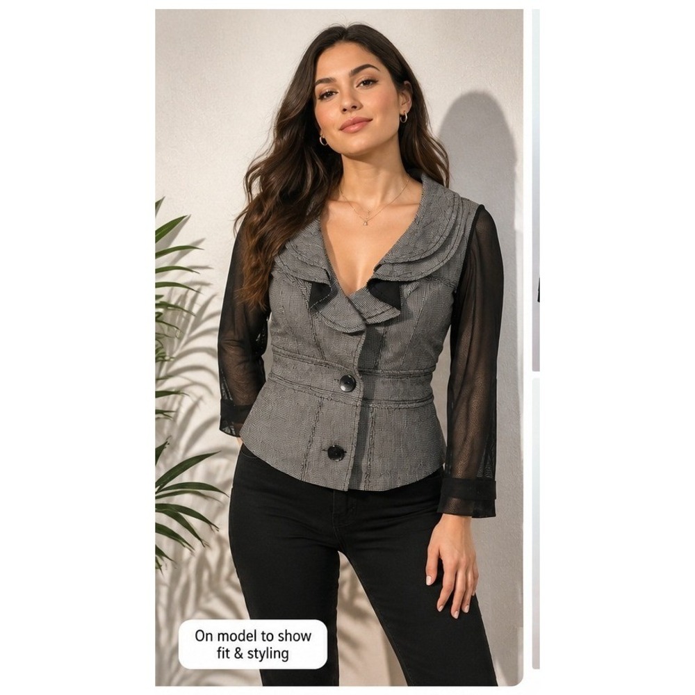 Vex Collection Blazer Women 36 Goth Chic Houndstooth Ruffle Mesh Sleeve Jacket